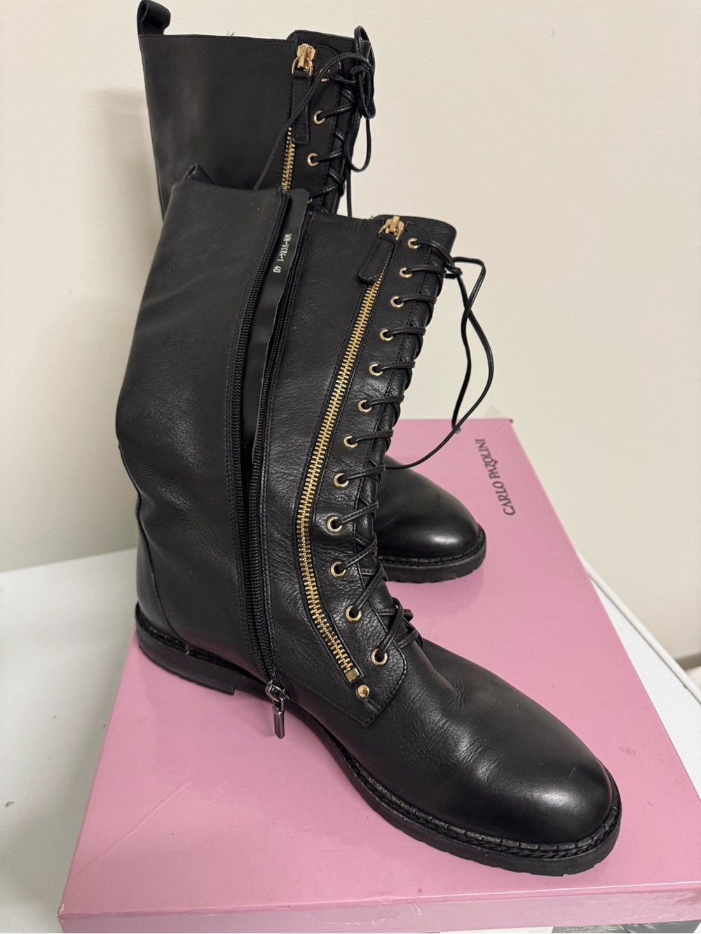 Carlo Pazolini Black Lace-Up Combat Boots with Gold Zipper Accent